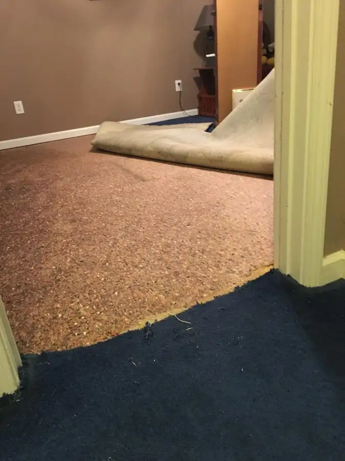 Carpet pad removal revealing water damage during Drying & Dehumidification in North Liberty